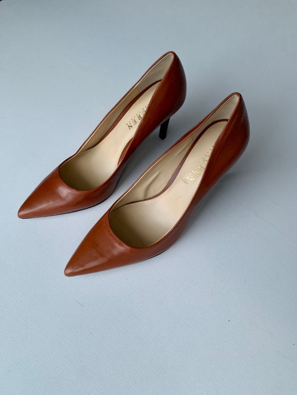 Lauren Ralph Lauren Pump  Adenaptan Heel Brown Leather Pointy Toe Shoes 8B